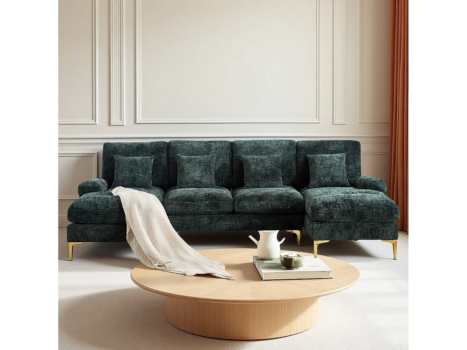 Canapé d'angle moderne en U en chenille avec deux assises，Canapé panoramique， - 4 places - vert