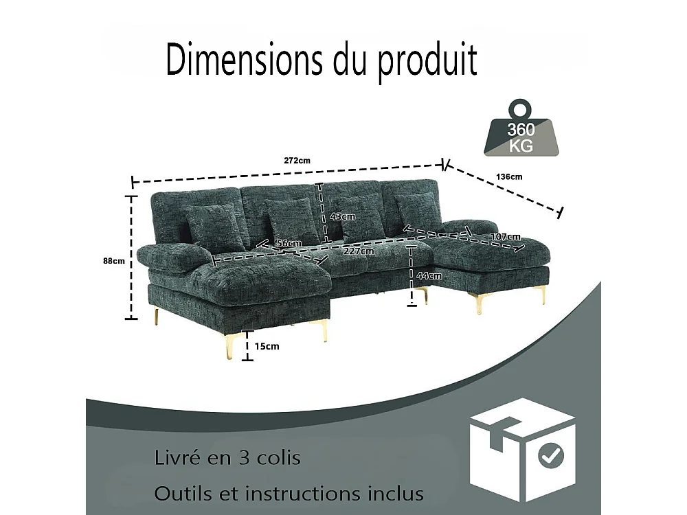 Canapé d'angle moderne en U en chenille avec deux assises，Canapé panoramique， - 4 places - vert