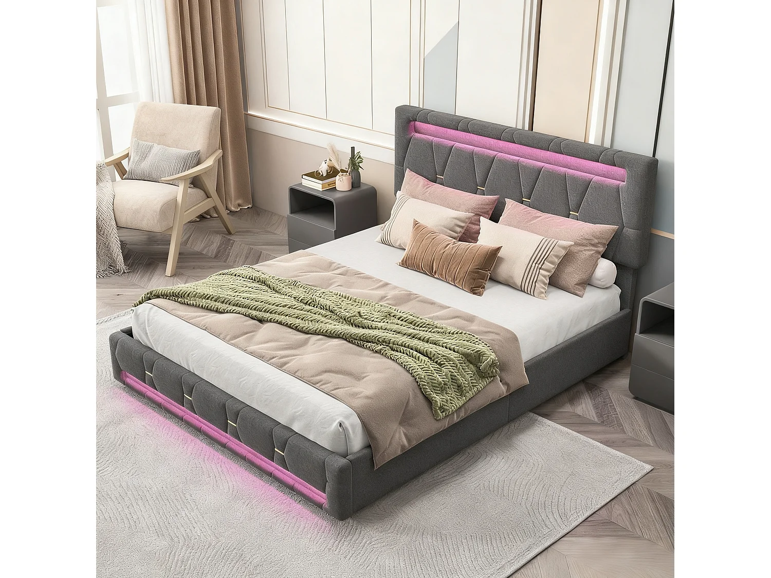 Lit adulte 160x200 tiroir rangement soldes, lit double 160x200 cm avec sommier à lattes, cadre de lit 160x200 cm avec LED - tissu en lin - gris