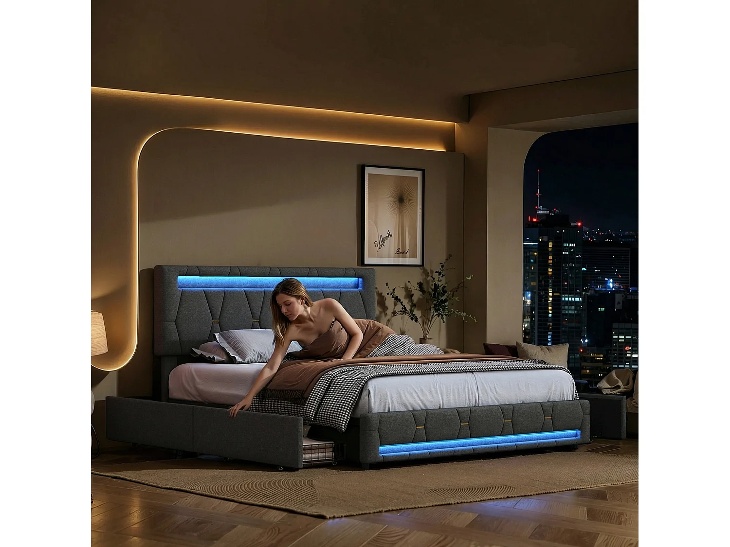 Lit double 160x200 cm avec tiroirs de rangement, sommier à lattes et LED, tissu lin gris