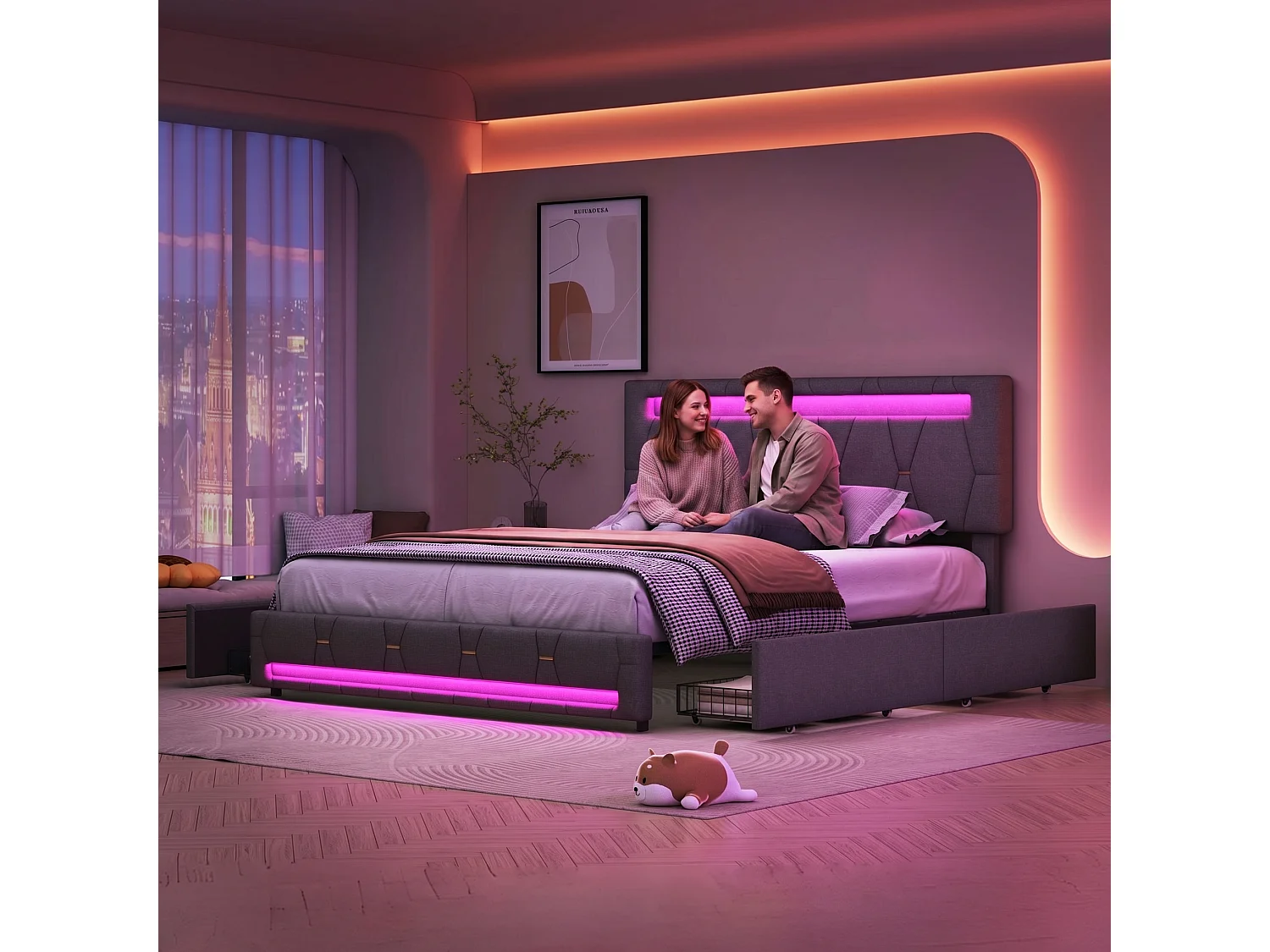 Lit double 160x200 cm avec tiroirs de rangement, sommier à lattes et LED, tissu lin gris