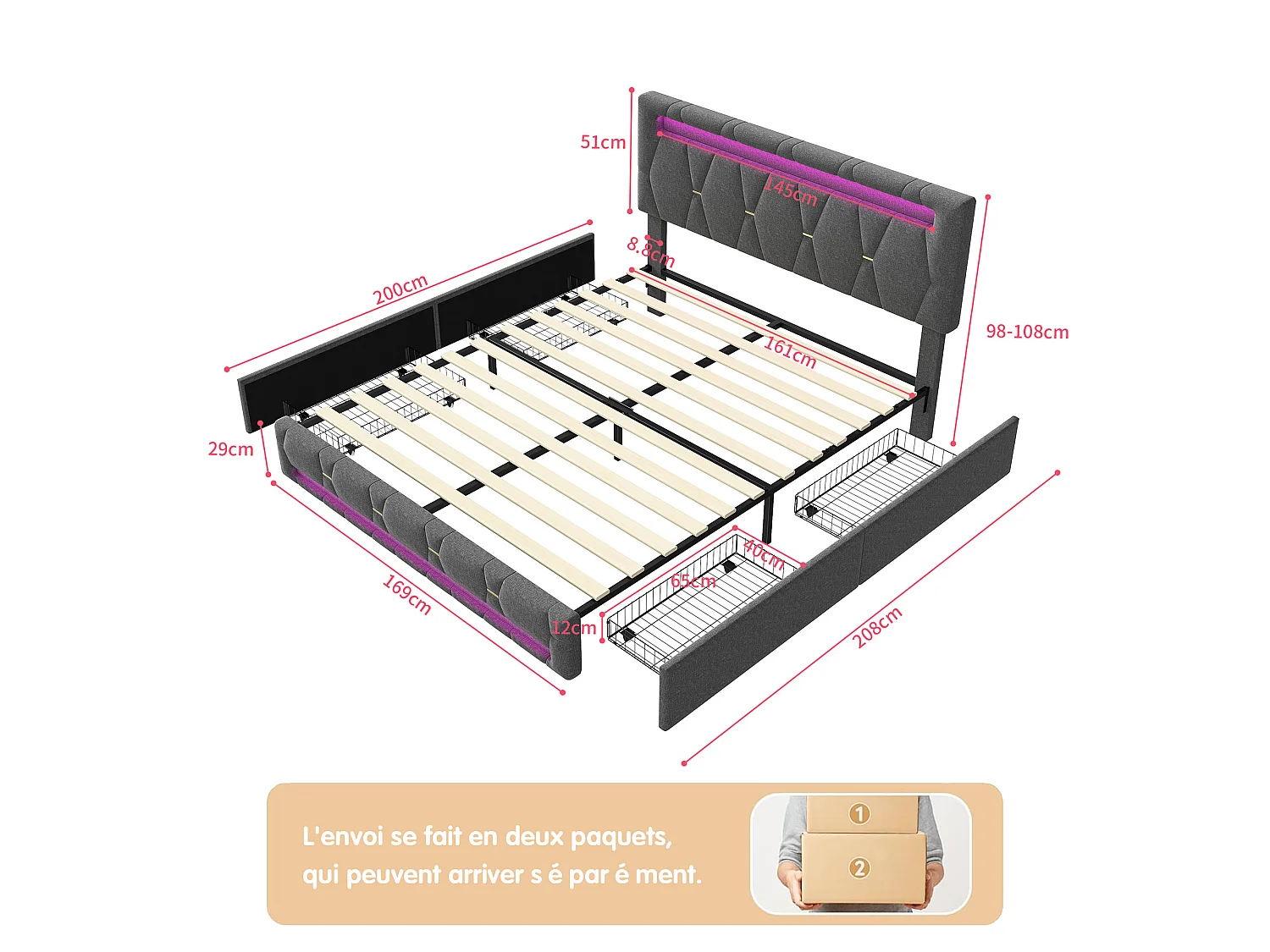 Lit double 160x200 cm avec tiroirs de rangement, sommier à lattes et LED, tissu lin gris