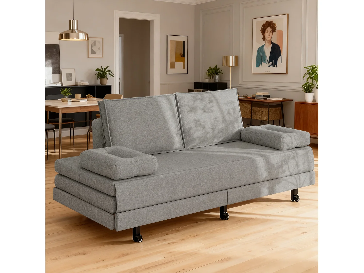 Canapé-lit Extensible 90x200 cm, Canapé avec Fonction de Couchage, Canapé-lit 2 en 1 avec sommier à latte, Canapé convertible 2 places en lin - gris