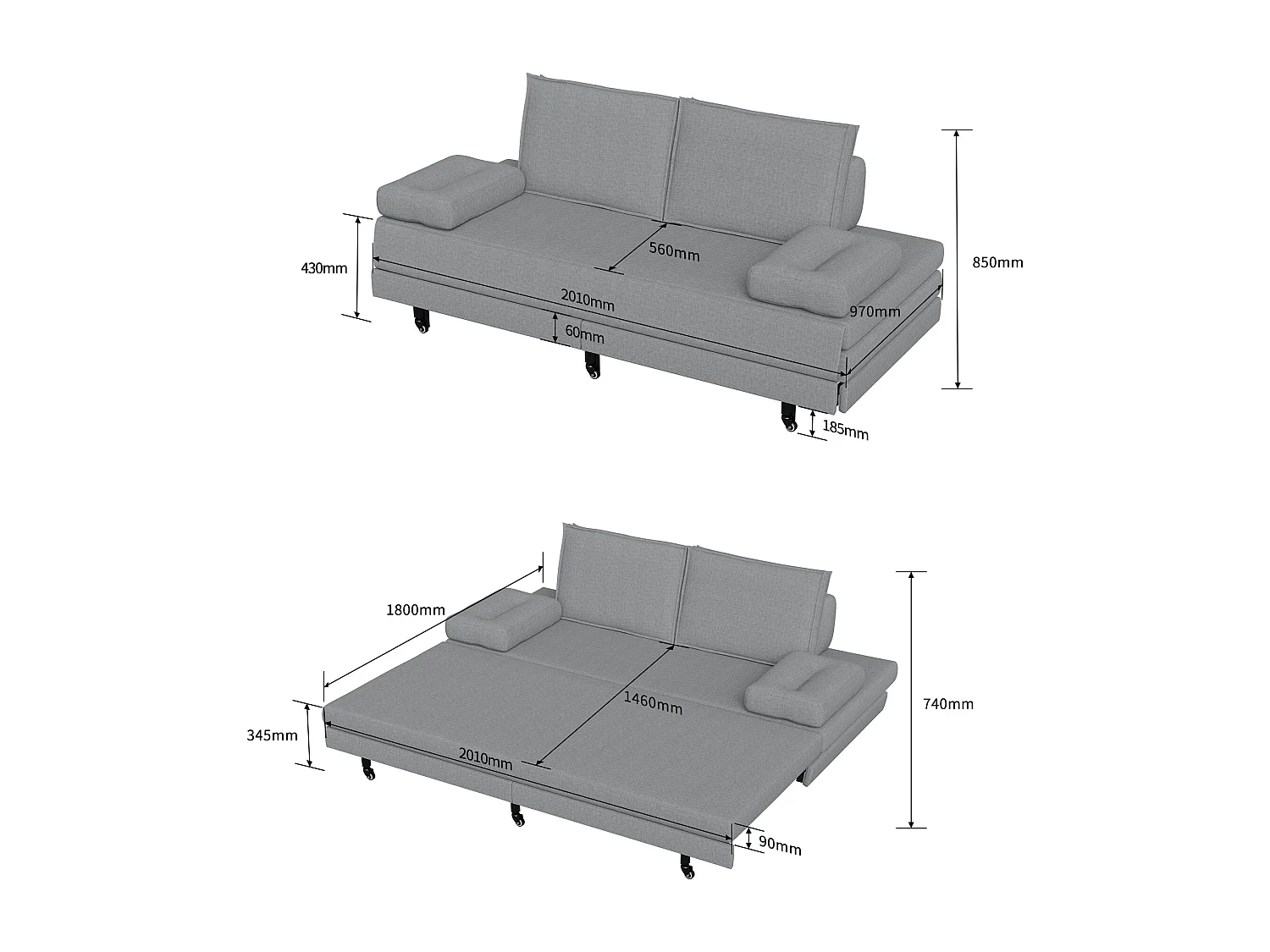 Canapé-lit Extensible 90x200 cm, Canapé avec Fonction de Couchage, Canapé-lit 2 en 1 avec sommier à latte, Canapé convertible 2 places en lin - gris