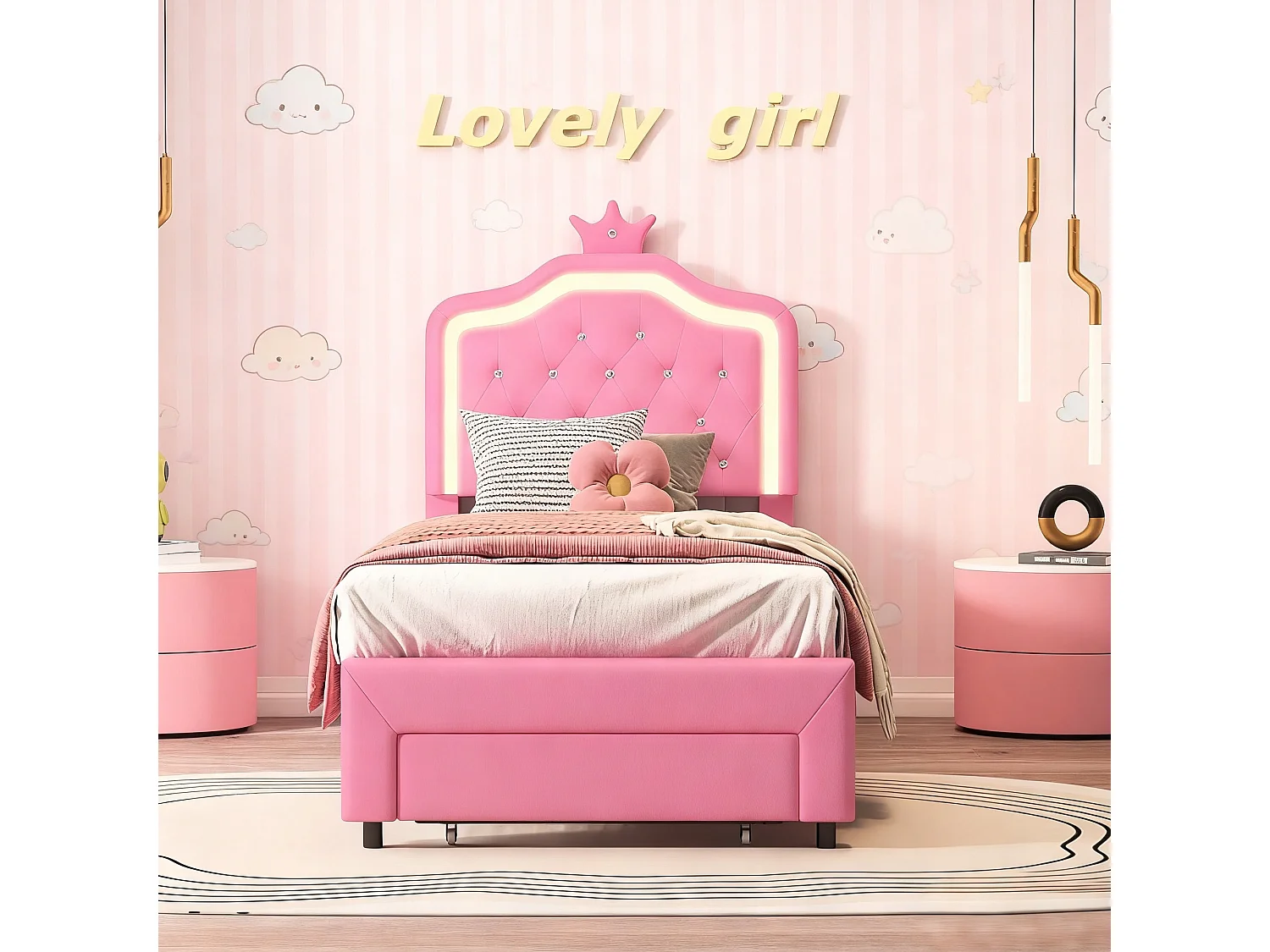 Lit enfant 90x200 avec sommier à lattes cm - NEXU - lit simple 90x200 cm avec Led - tissu en PU - cadre de lit tiroir 90x200 cm - rose