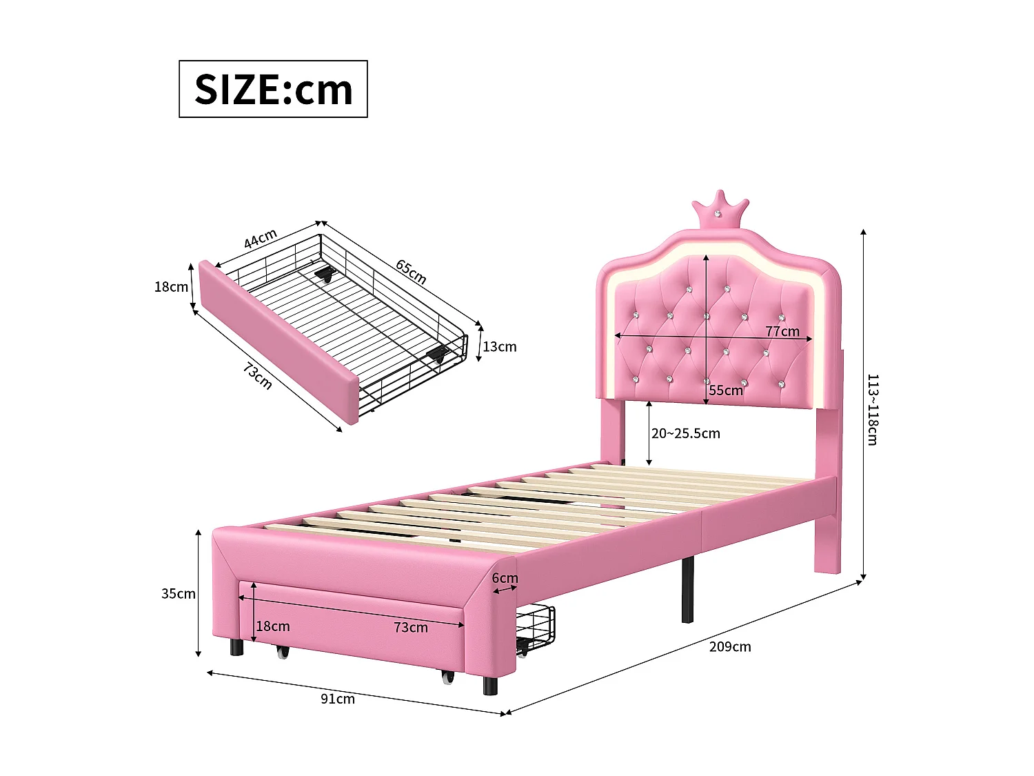 Lit enfant 90x200 avec sommier à lattes cm - NEXU - lit simple 90x200 cm avec Led - tissu en PU - cadre de lit tiroir 90x200 cm - rose