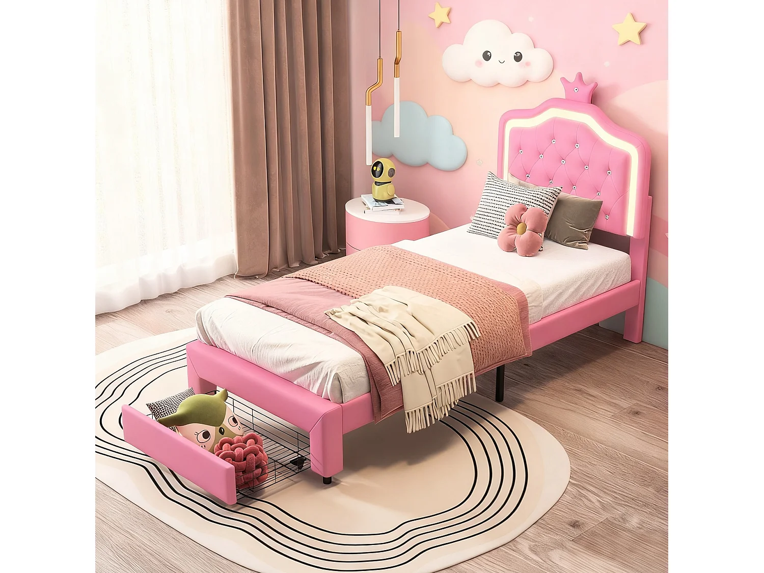 Lit enfant 90x200 avec sommier à lattes cm - NEXU - lit simple 90x200 cm avec Led - tissu en PU - cadre de lit tiroir 90x200 cm - rose