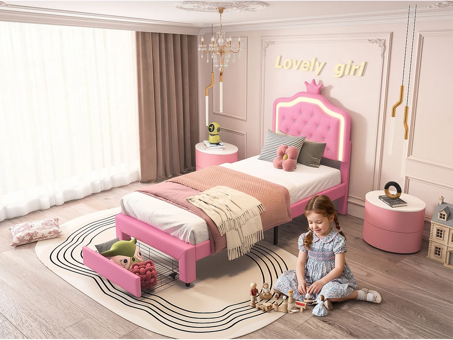 Lit enfant 90x200 cm avec sommier à lattes, lit simple en PU rose avec LED et tiroir de rangement, cadre de lit fille moderne, sans matelas