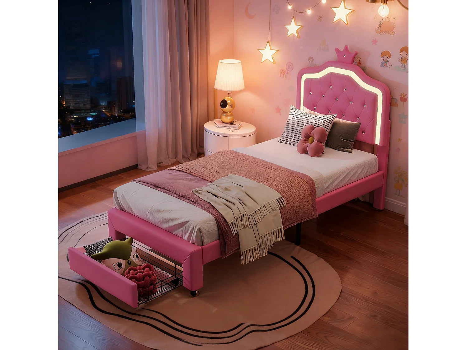 Lit enfant 90x200 cm avec sommier à lattes, lit simple en PU rose avec LED et tiroir de rangement, cadre de lit fille moderne, sans matelas