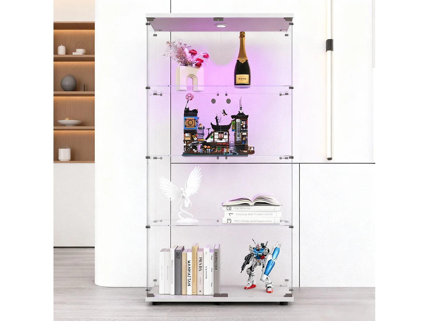 Vitrine en verre à deux portes,  verre avec 4 étagères en ESG, avec serrure, éclairage LED -  80 x 36 x 163 cm, blanc