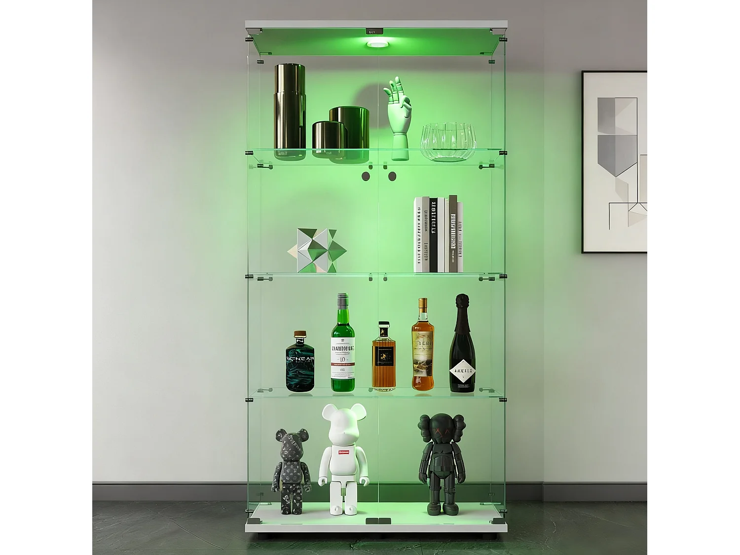 Vitrine en verre à deux portes,  verre avec 4 étagères en ESG, avec serrure, éclairage LED -  80 x 36 x 163 cm, blanc