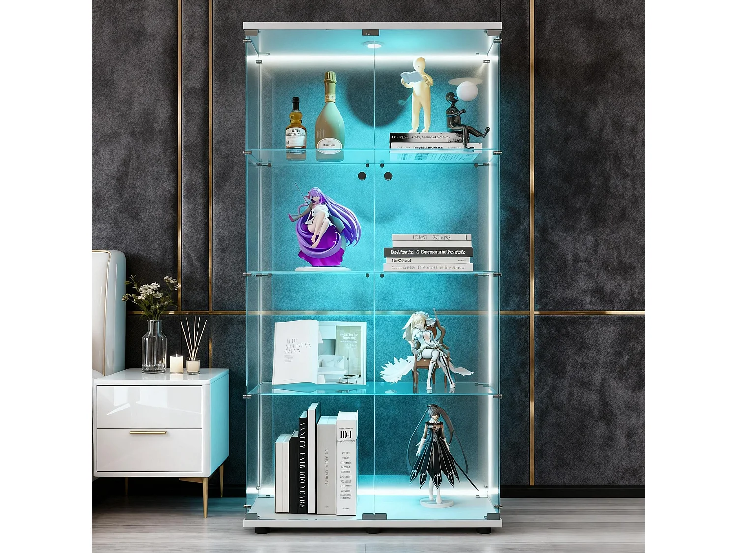 Vitrine en verre à deux portes,  verre avec 4 étagères en ESG, avec serrure, éclairage LED -  80 x 36 x 163 cm, blanc