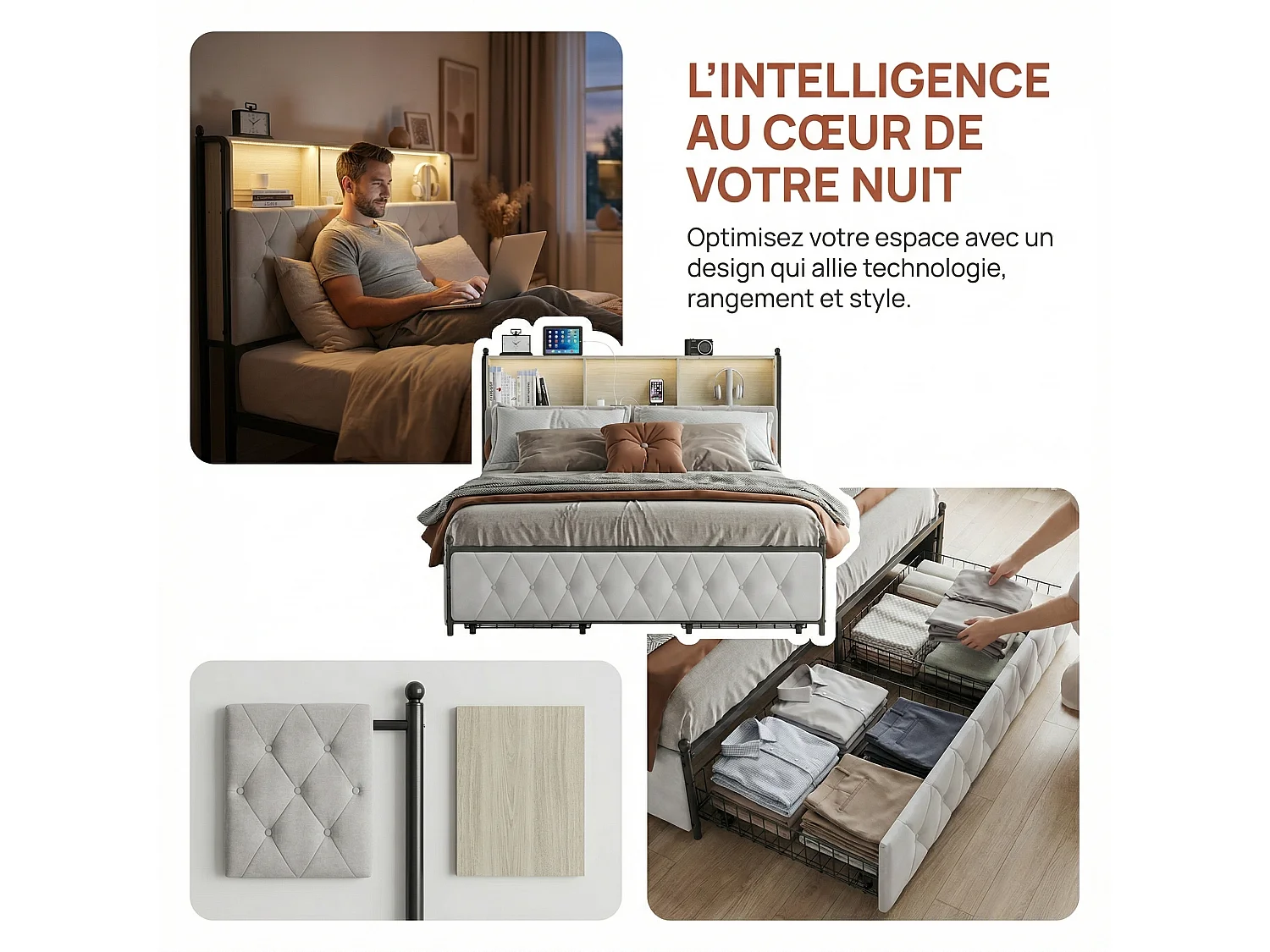 Lit coffre 180x200 cm en velours beige - Lit double adulte rembourré avec 4 tiroirs de rangement, éclairage LED et ports USB intégrés