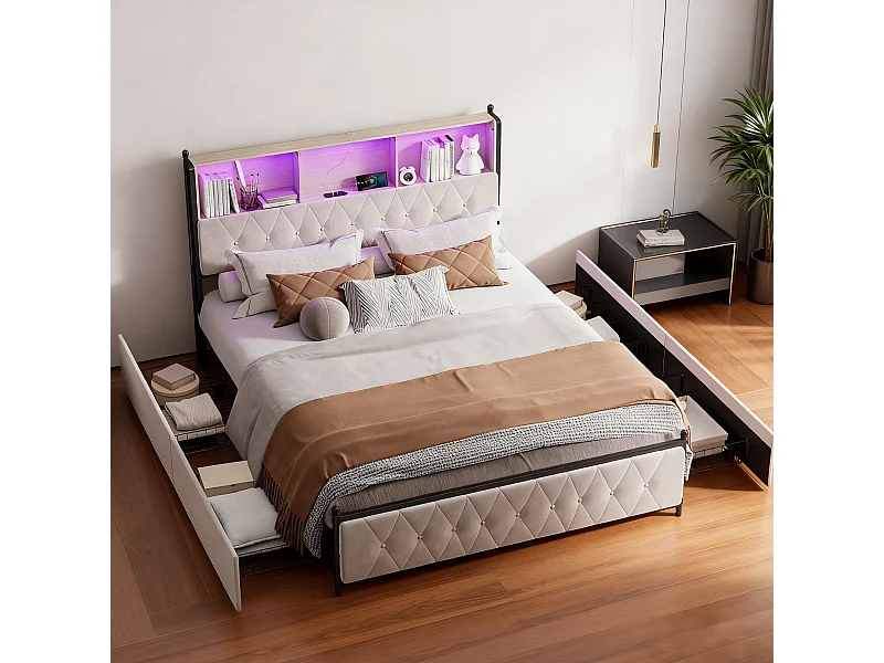 Lit double 180x200 cm - lit rembourré 180x200 cm - lit adulte avec éclairage LED et recharge USB - 4 tiroirs - velours - beige