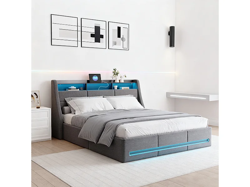 Lit double 160x200 coffre avec sommier à lattes, lit adulte 160x200 cm LED et USB, cadre de lit 160x200 cm rangement soldes - tissu en lin - gris