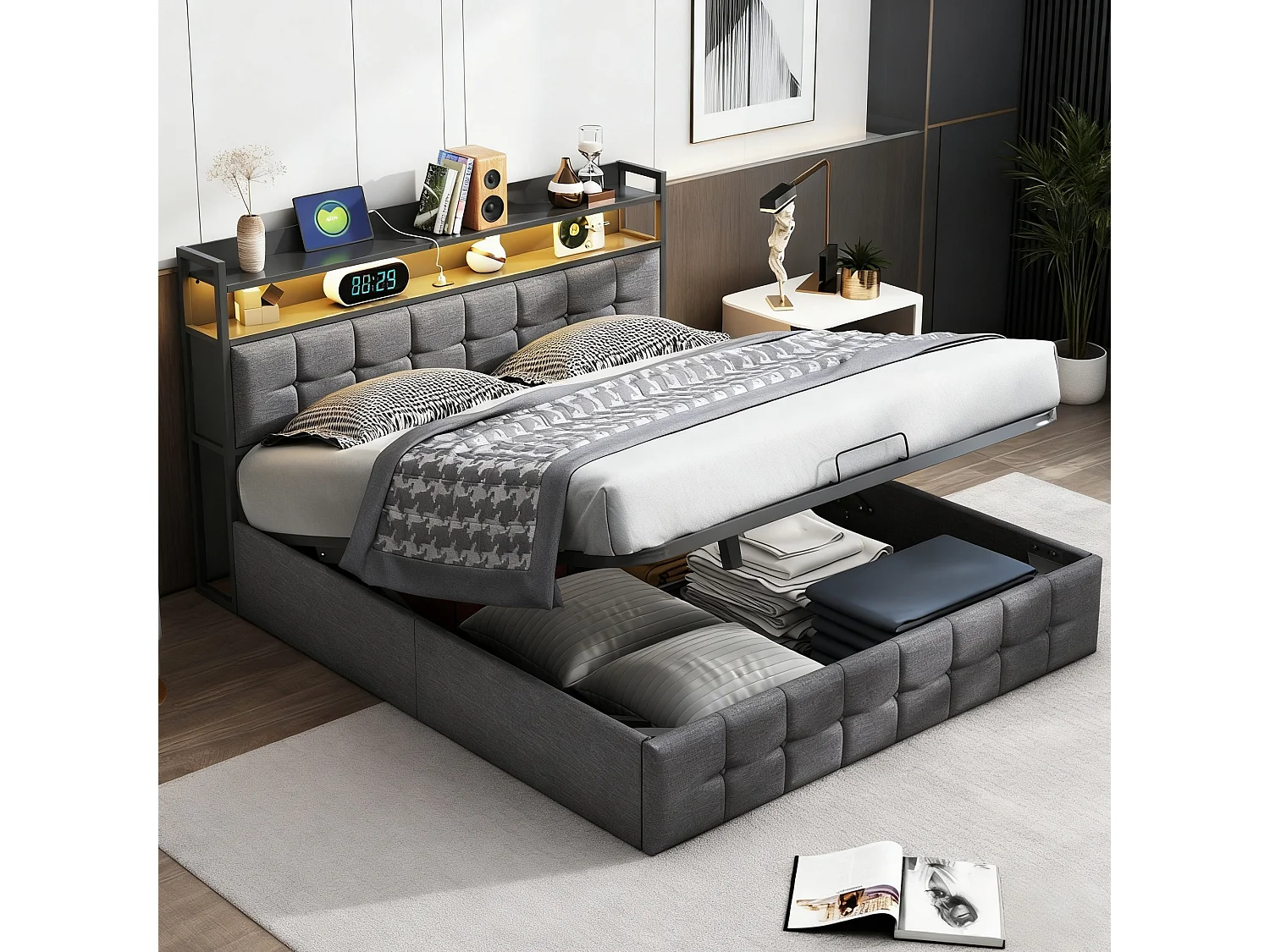 Lit adulte 160x200 coffre rangement soldes, lit double 160x200 cm avec sommier à lattes, cadre de lit 160x200 cm avec LED et USB - tissu en lin - gris
