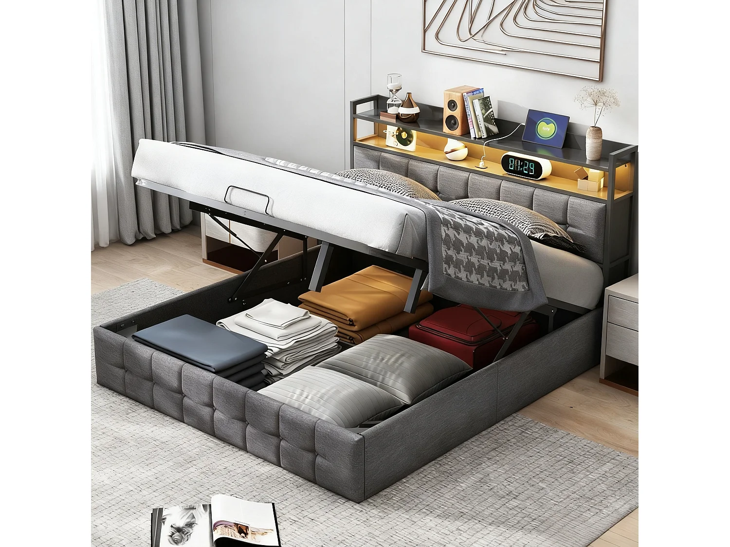Lit coffre 160 x 200 cm - Lit double adulte avec sommier à lattes, rangement, LED et port USB - tissu effet lin gris