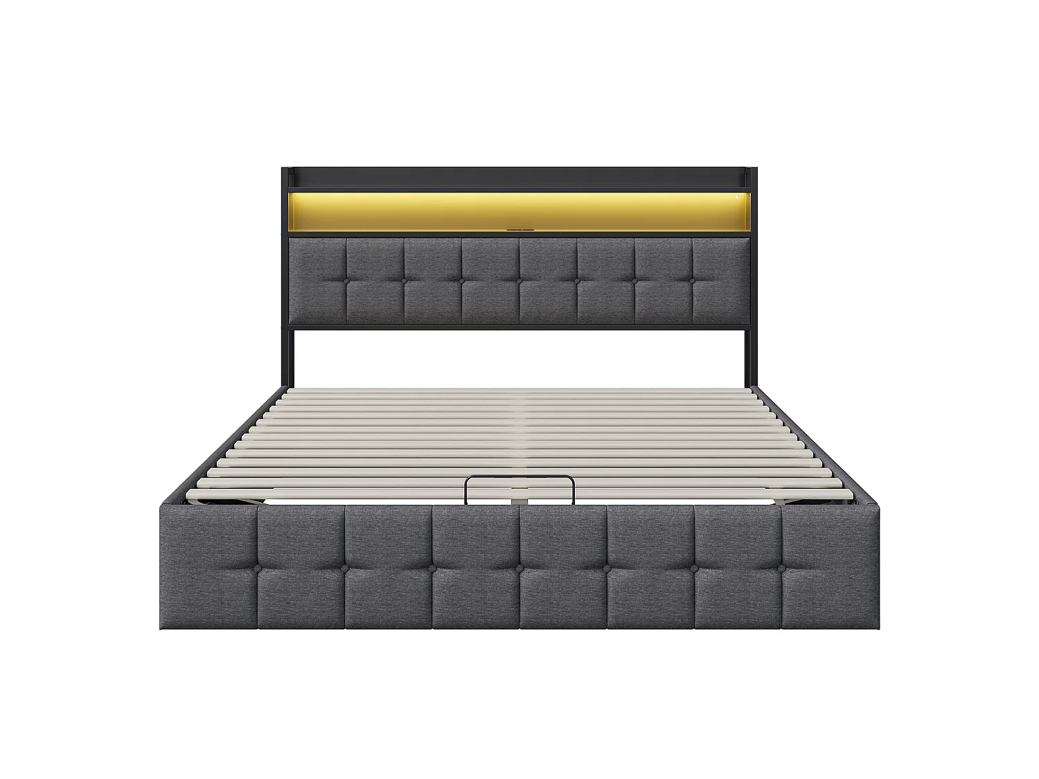 Lit coffre 160 x 200 cm - Lit double adulte avec sommier à lattes, rangement, LED et port USB - tissu effet lin gris