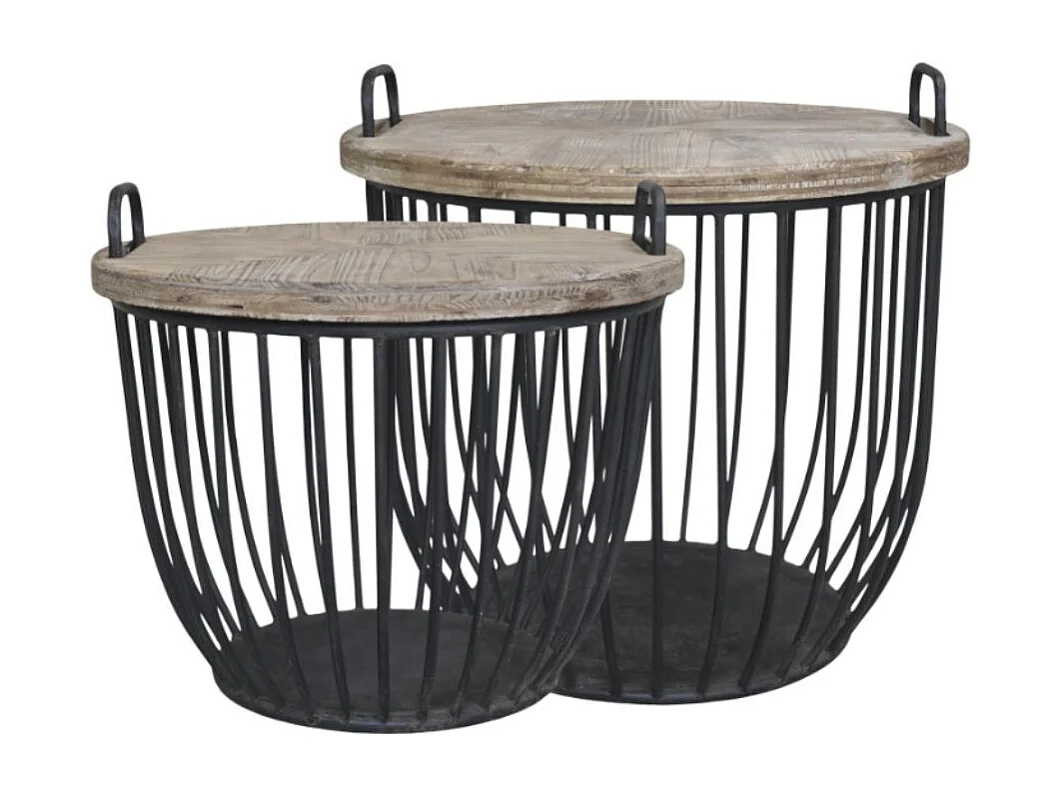 Set de 2 tables basses en bois de cyprès noir et marron Ø.57 x Ht.48cm
