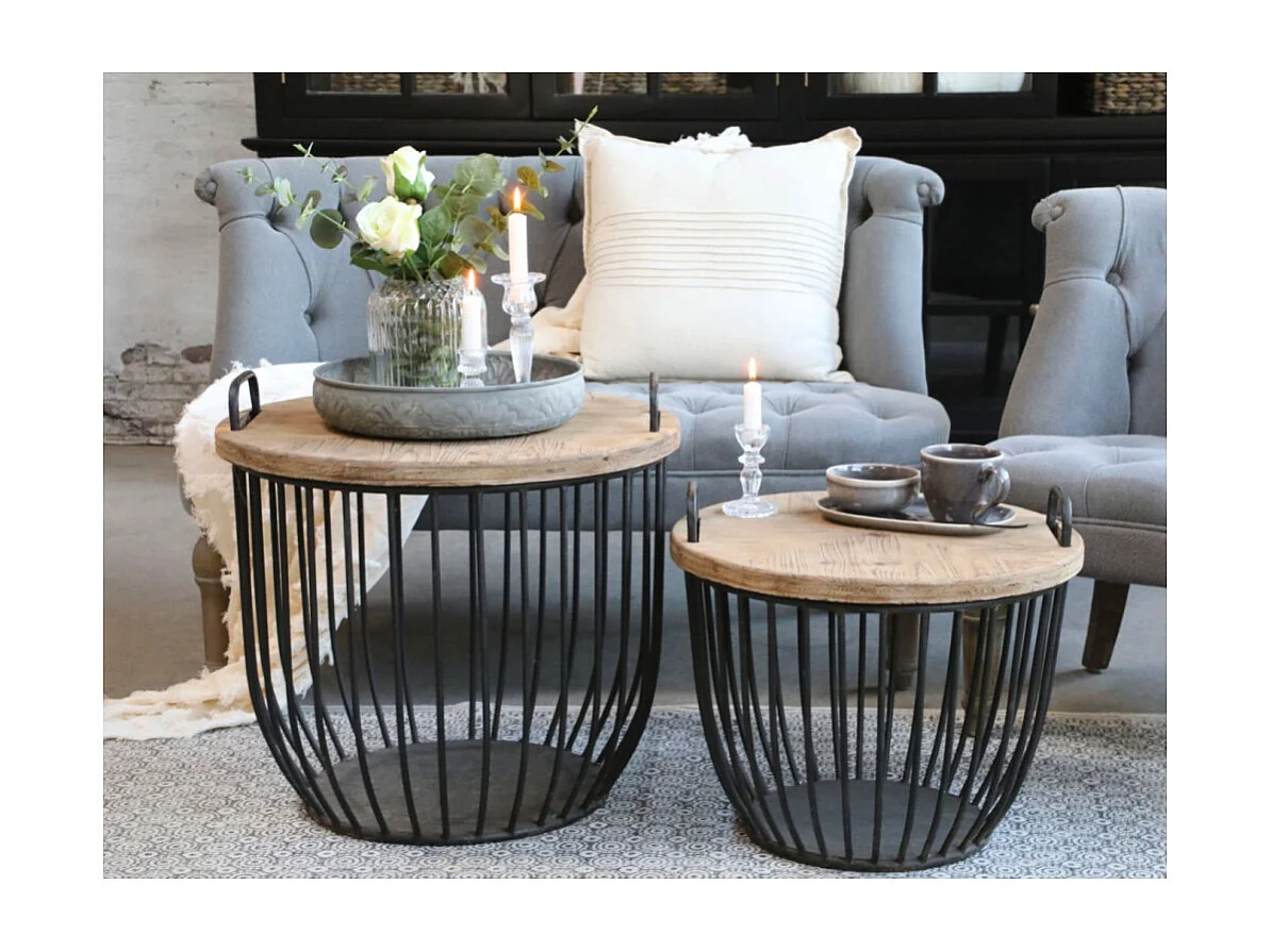 Set de 2 tables basses en bois de cyprès noir et marron Ø.57 x Ht.48cm