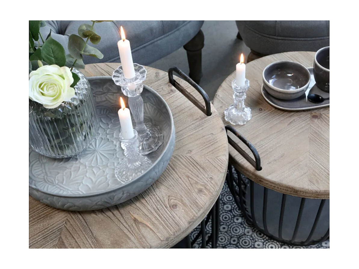 Set de 2 tables basses en bois de cyprès noir et marron Ø.57 x Ht.48cm