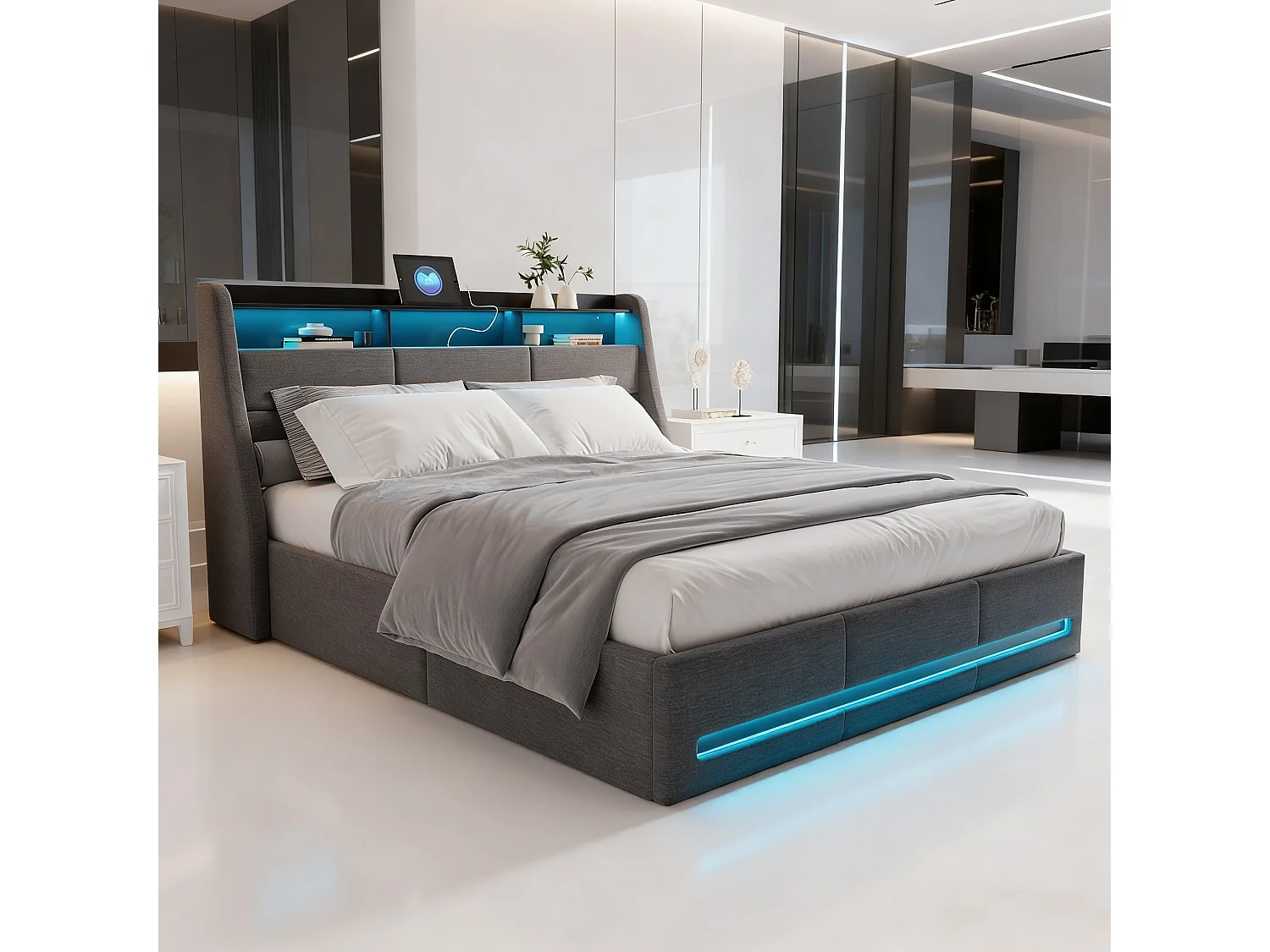 Lit double 140x200 coffre avec sommier à lattes, lit adulte 140x200 cm LED et USB, cadre de lit 140x200 cm rangement soldes - tissu en lin - gris