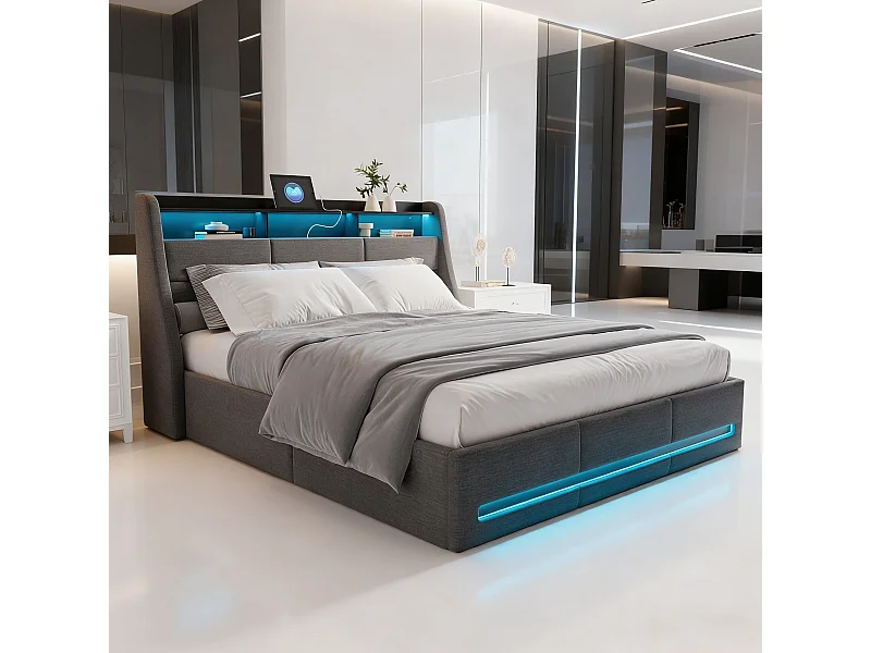 Lit double 140x200 coffre avec sommier à lattes, lit adulte 140x200 cm LED et USB, cadre de lit 140x200 cm rangement soldes - tissu en lin - gris