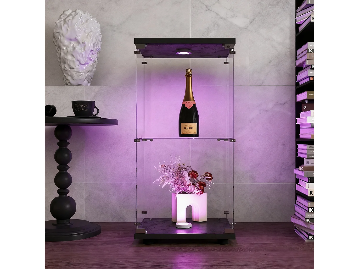 Vitrine sur pied avec 1 portes, 2 plateaux verre transparent avec serrure, verre trempé et boir, Multi - usage - Avec éclairage LED - 40x35x86 cm - Noir