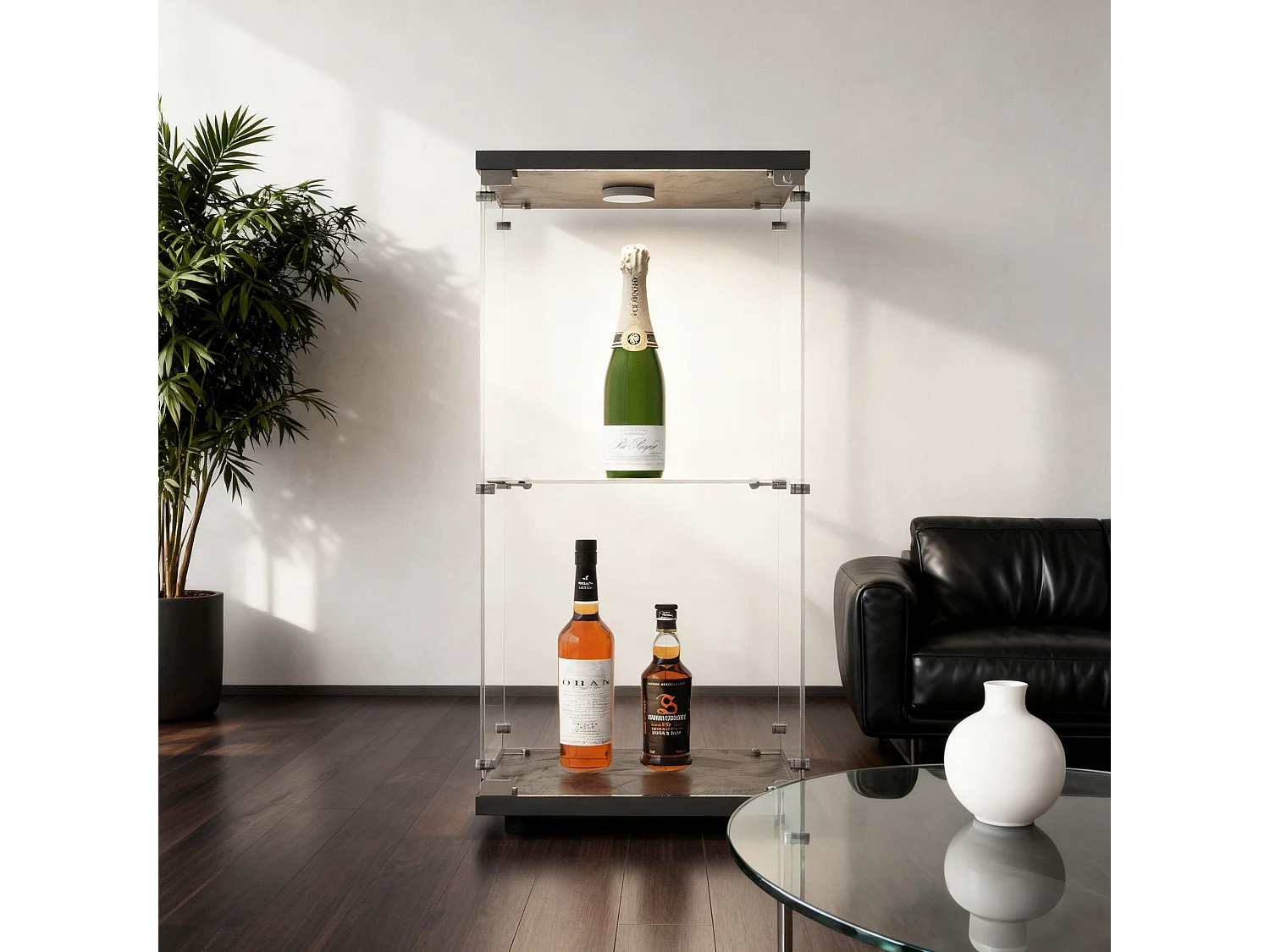 Vitrine sur pied avec 1 portes, 2 plateaux verre transparent avec serrure, verre trempé et boir, Multi - usage - Avec éclairage LED - 40x35x86 cm - Noir