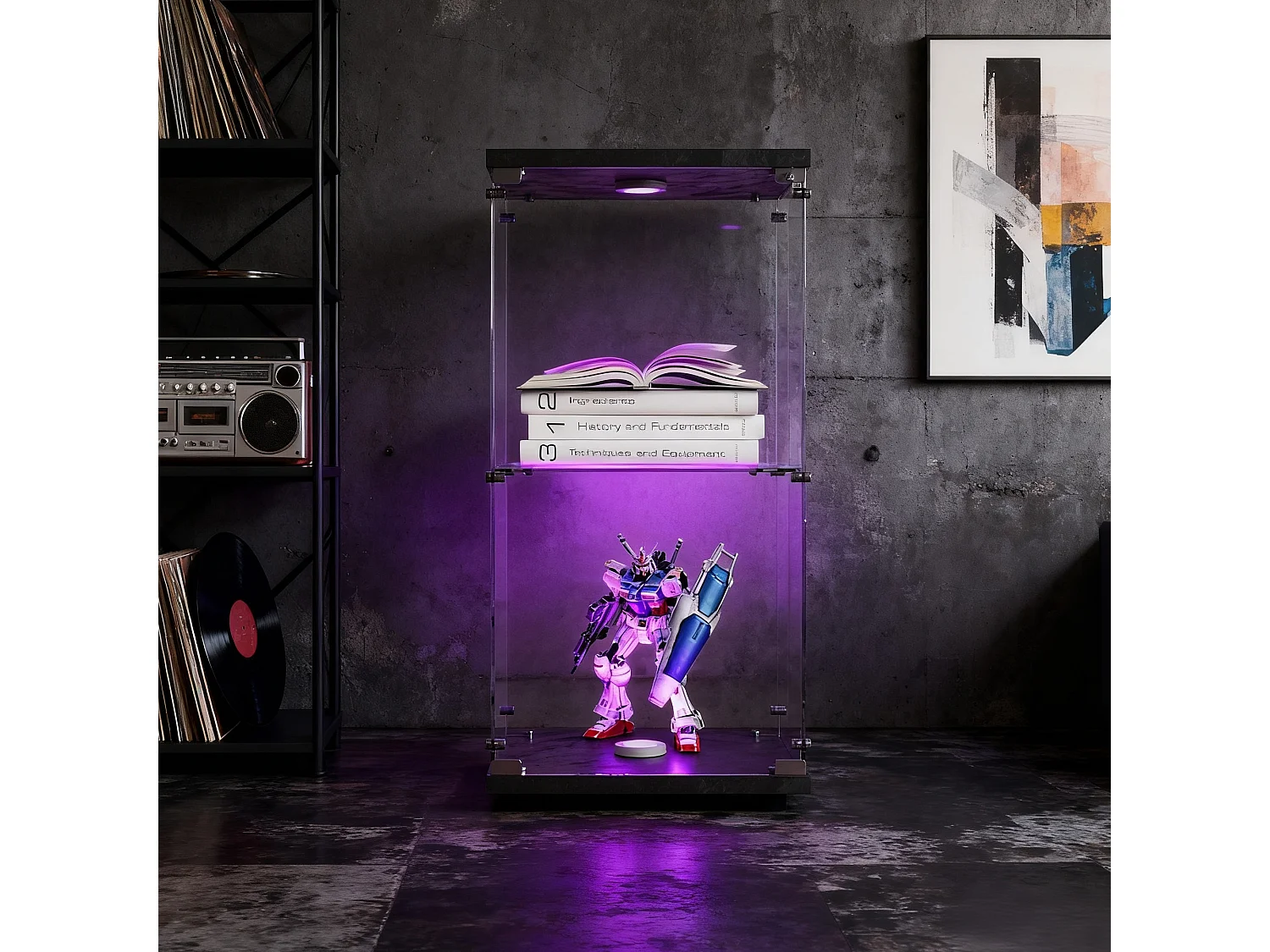 Vitrine sur pied avec 1 portes, 2 plateaux verre transparent avec serrure, verre trempé et boir, Multi - usage - Avec éclairage LED - 40x35x86 cm - Noir