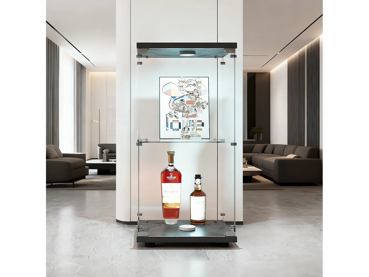 Vitrine sur pied avec 1 portes, 2 plateaux verre transparent avec serrure, verre trempé et boir, Multi - usage - Avec éclairage LED - 40x35x86 cm - Noir