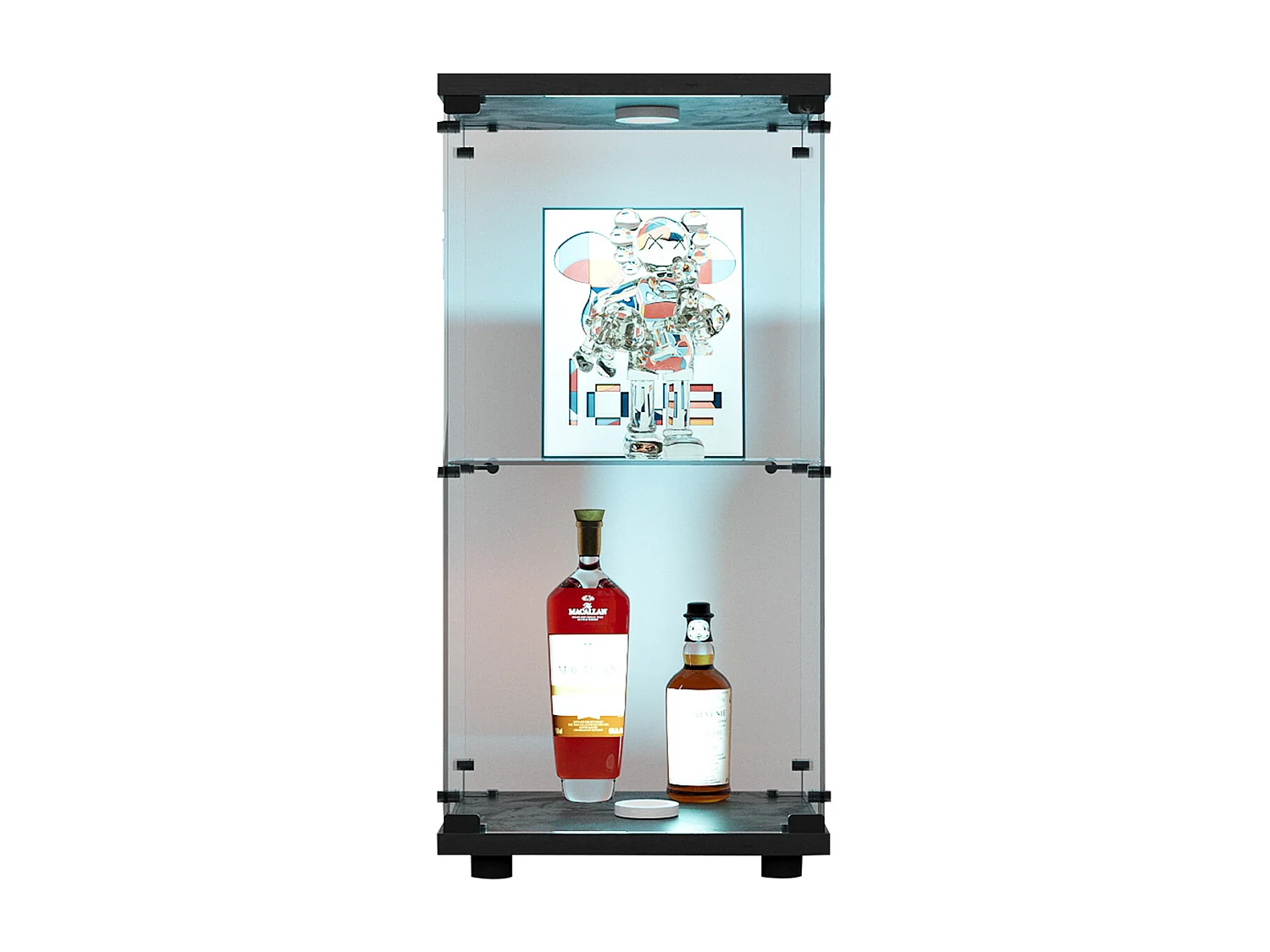 Vitrine sur pied avec 1 portes, 2 plateaux verre transparent avec serrure, verre trempé et boir, Multi - usage - Avec éclairage LED - 40x35x86 cm - Noir