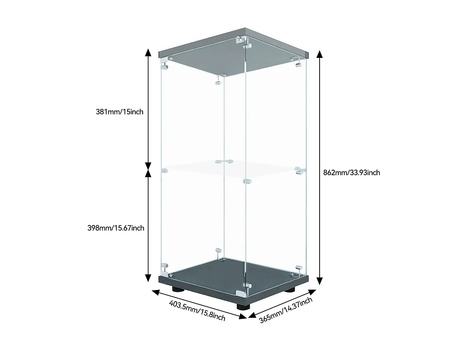 Vitrine sur pied avec 1 portes, 2 plateaux verre transparent avec serrure, verre trempé et boir, Multi - usage - Avec éclairage LED - 40x35x86 cm - Noir