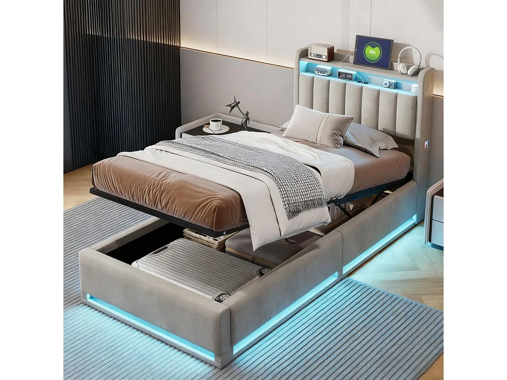 Lit 90x200 cm avec sommier à latte, lit simple 90x200 coffre rangement soldes, lit capitonné en tissu velours 90x200 cm - LED - USB - gris