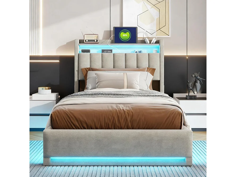 Lit 90x200 cm avec sommier à latte, lit simple 90x200 coffre rangement soldes, lit capitonné en tissu velours 90x200 cm - LED - USB - gris