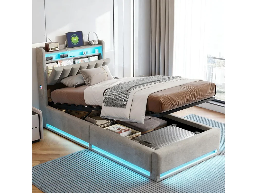 Lit 90x200 cm avec sommier à latte, lit simple 90x200 coffre rangement soldes, lit capitonné en tissu velours 90x200 cm - LED - USB - gris