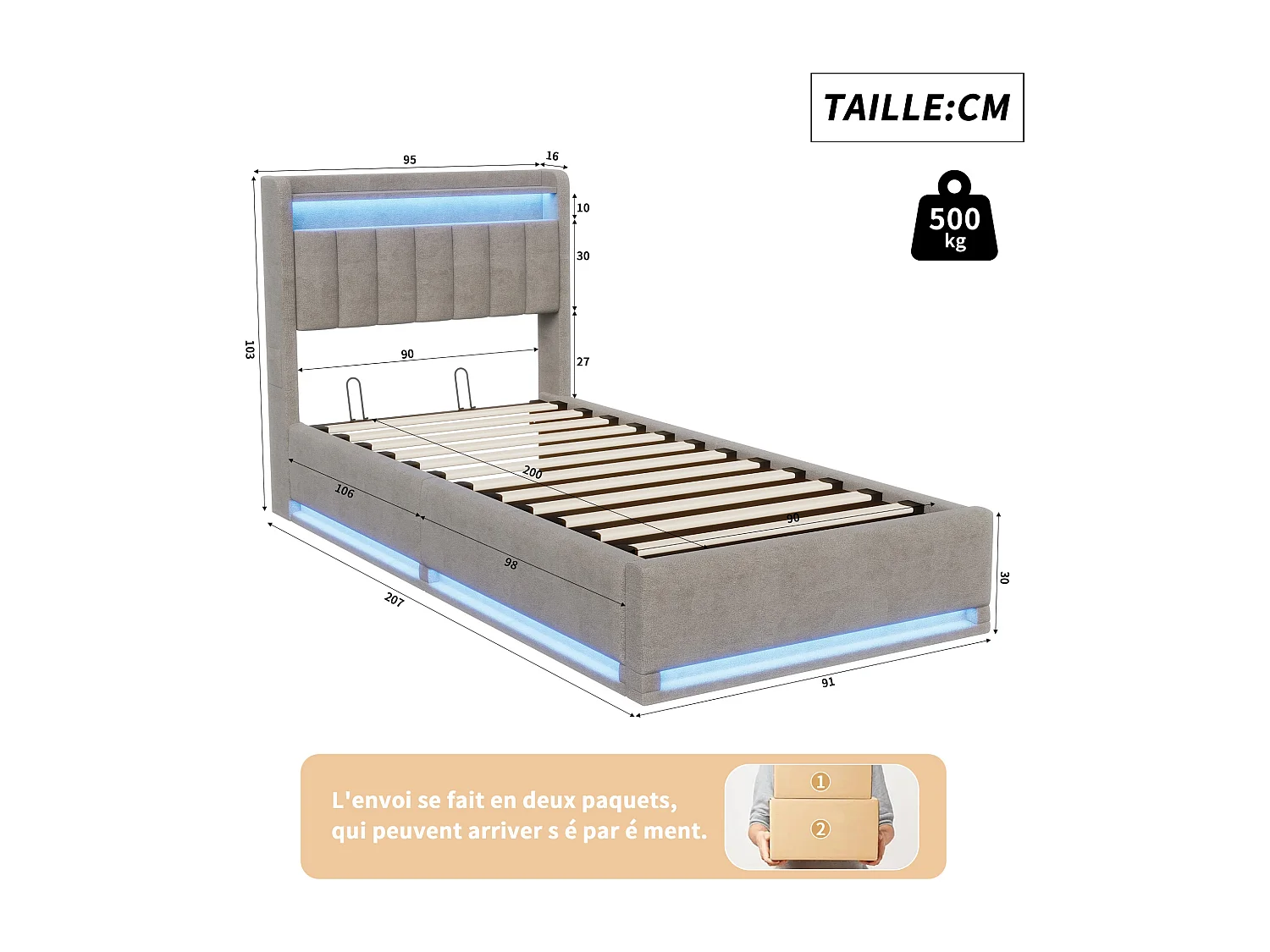 Lit 90x200 cm avec sommier à latte, lit simple 90x200 coffre rangement soldes, lit capitonné en tissu velours 90x200 cm - LED - USB - gris