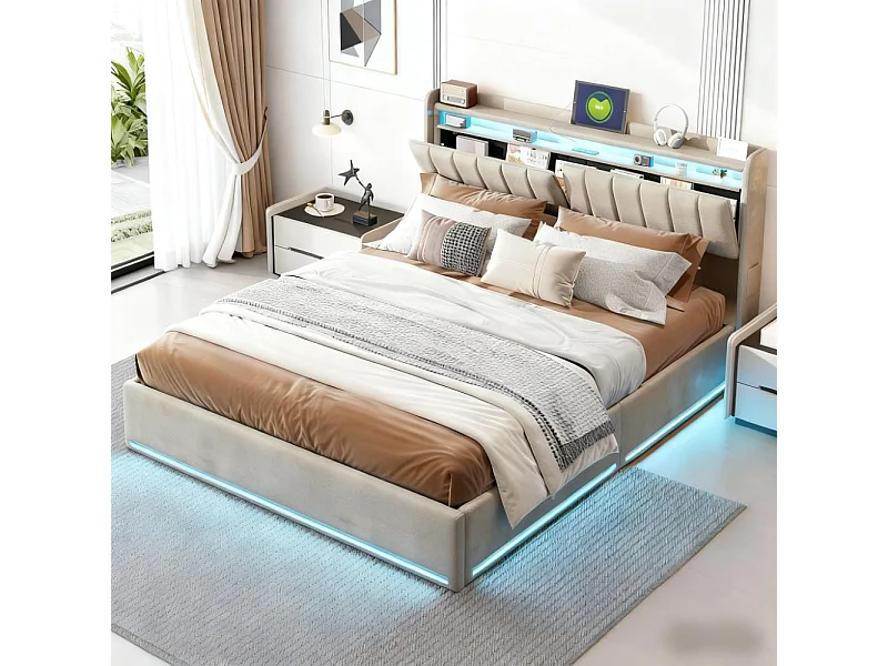 Lit adulte 140x190 cm avec sommier à latte, lit double 140x190 coffre rangement soldes, lit capitonné en tissu velours 140x190 cm - LED - USB - gris