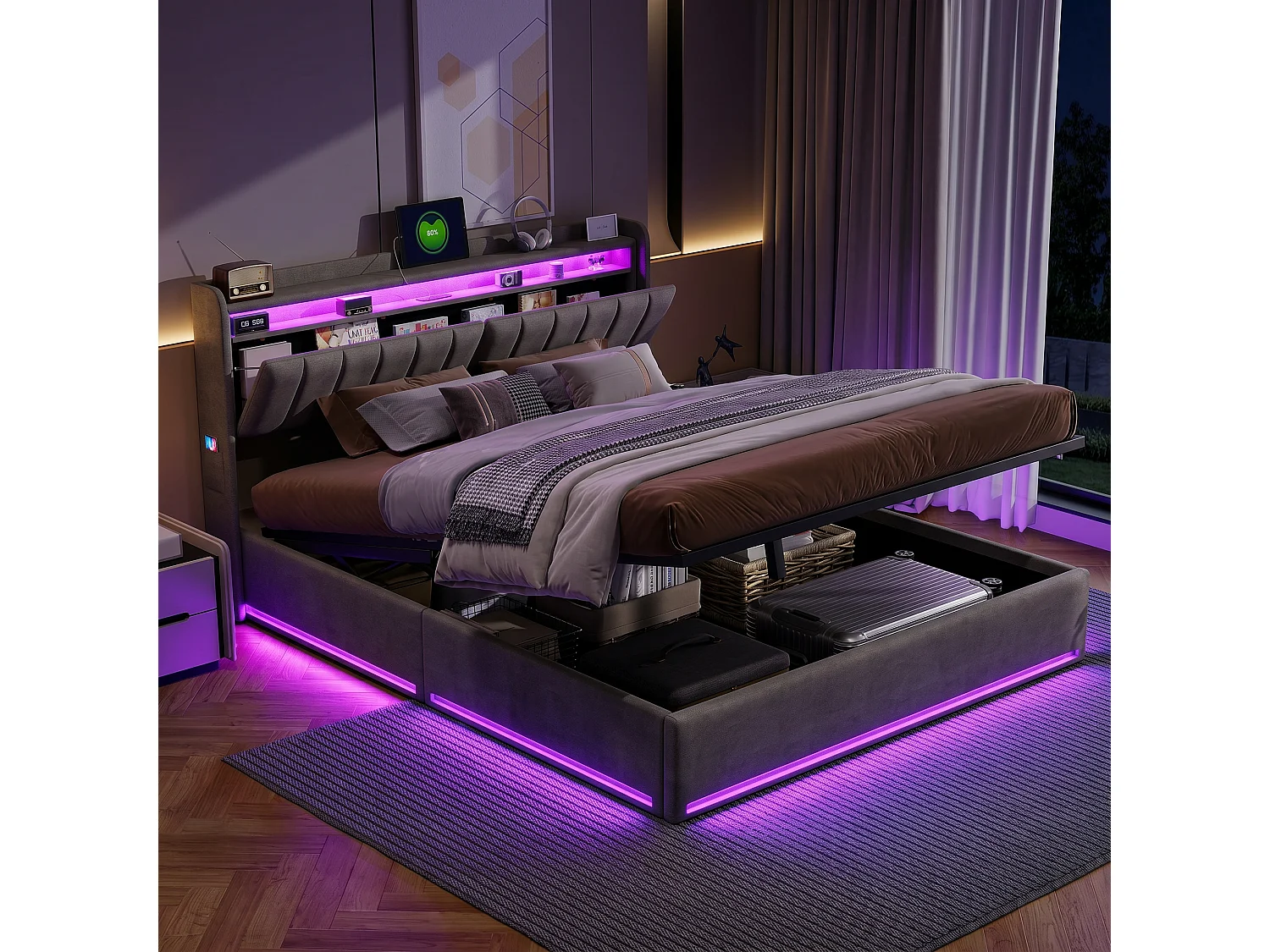 Lit coffre double 140x190 cm avec sommier à lattes, LED et USB, tête de lit capitonnée en velours gris