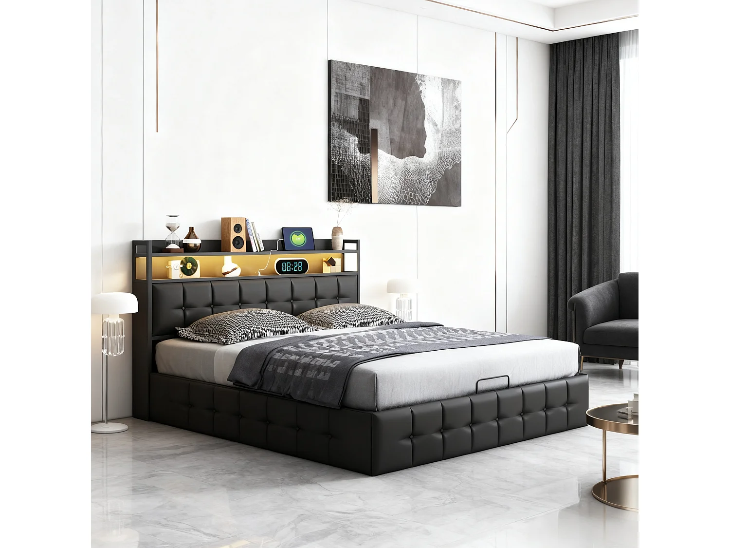 Lit adulte 140x200 coffre rangement soldes, lit double 140x200 cm avec sommier à lattes, cadre de lit 140x200 cm avec LED et USB - tissu en PU - noir