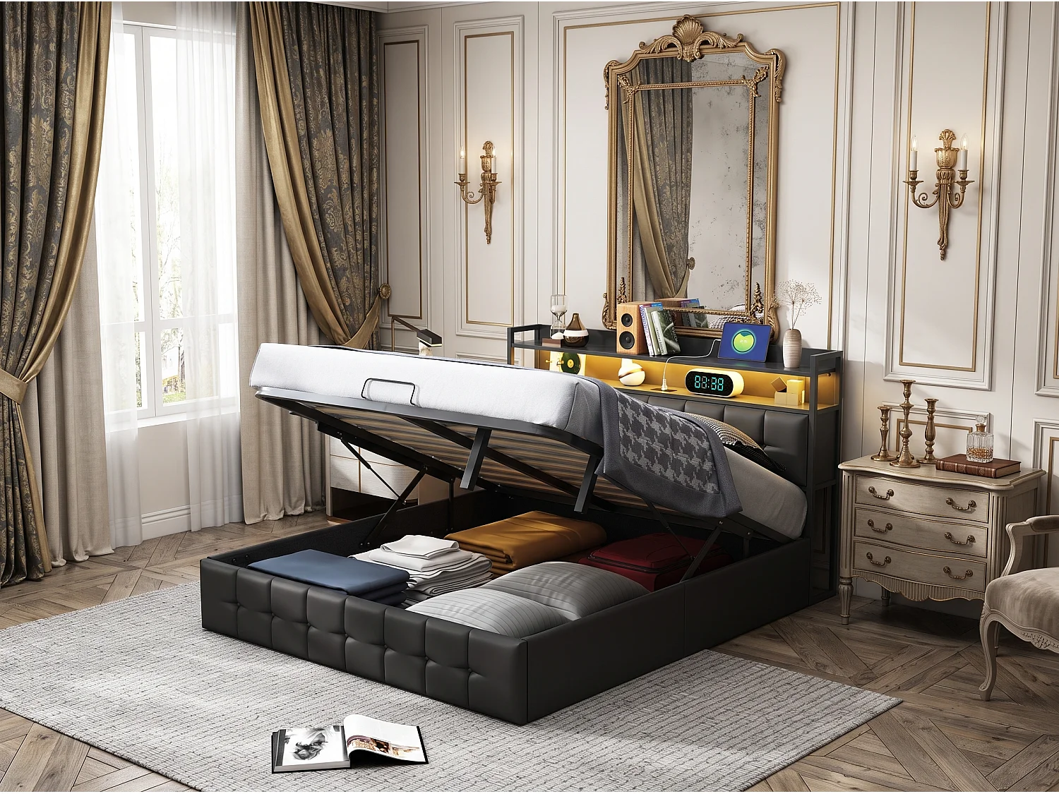 Lit coffre 140 x 200 cm - Lit double adulte avec sommier à lattes, rangement, LED et port USB - tissu PU noir