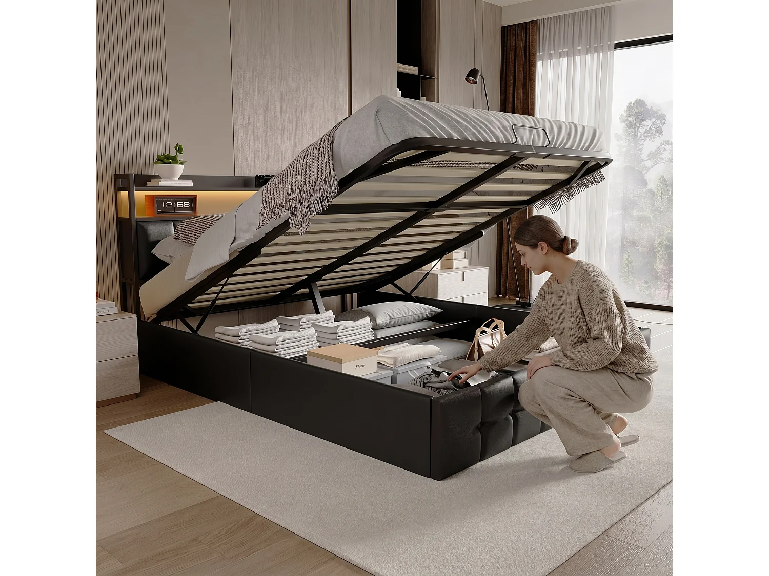 Lit coffre 140 x 200 cm - Lit double adulte avec sommier à lattes, rangement, LED et port USB - tissu PU noir