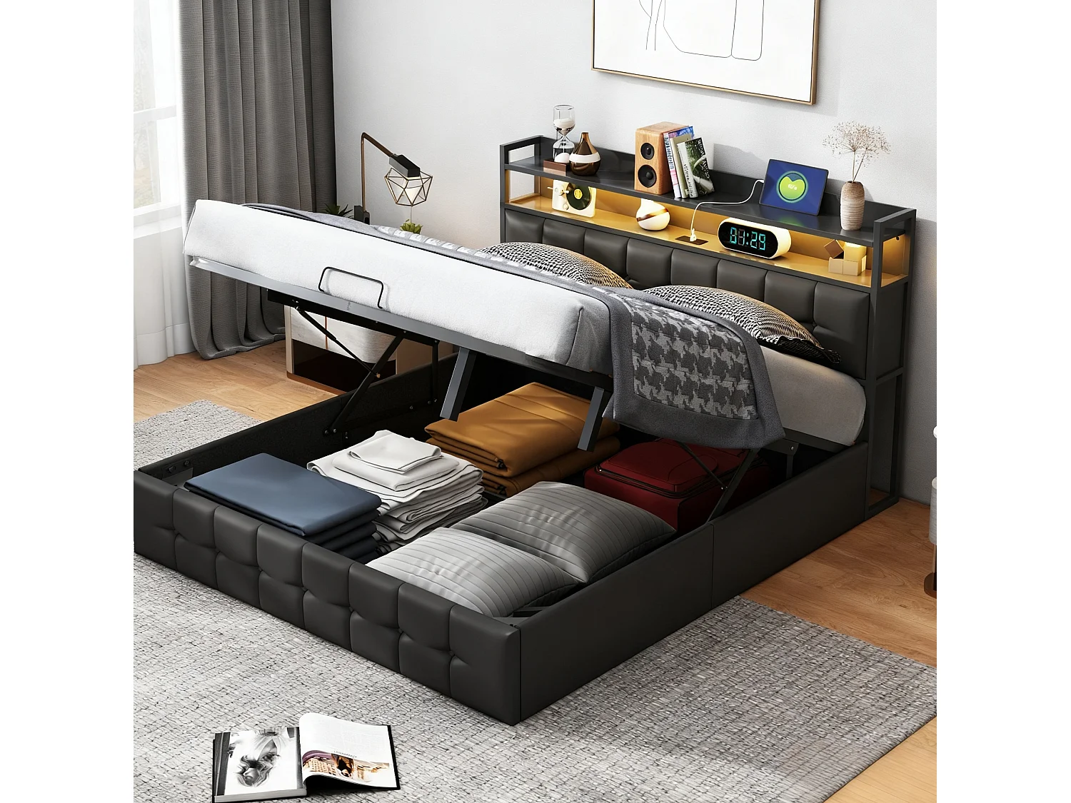 Lit adulte 140x190 coffre rangement soldes, lit double 140x190 cm avec sommier à lattes, cadre de lit 140x190 cm avec LED et USB - tissu en PU - noir