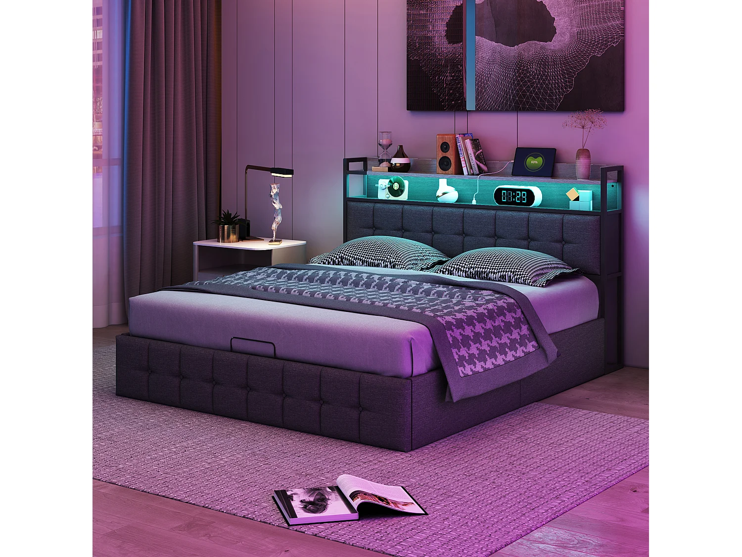 Lit coffre adulte 140x190 cm avec sommier à lattes, LED et ports de charge, revêtement en PU noir