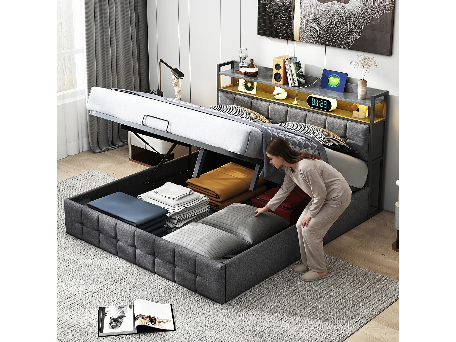 Lit coffre adulte 140x190 cm avec sommier à lattes, LED et ports de charge, revêtement en PU noir