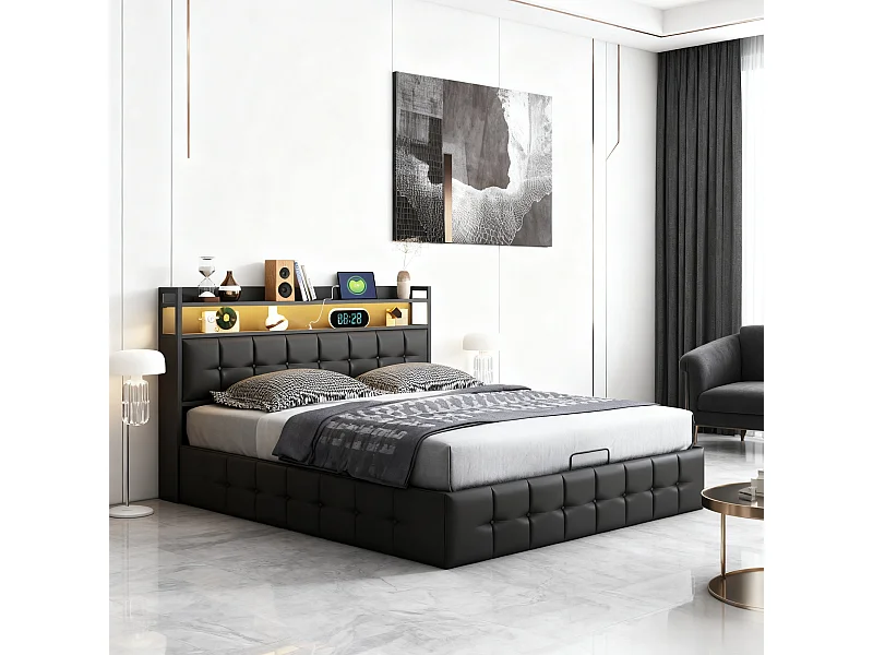 Lit adulte 140x190 coffre rangement soldes, lit double 140x190 cm avec sommier à lattes, cadre de lit 140x190 cm avec LED et USB - tissu en PU - noir