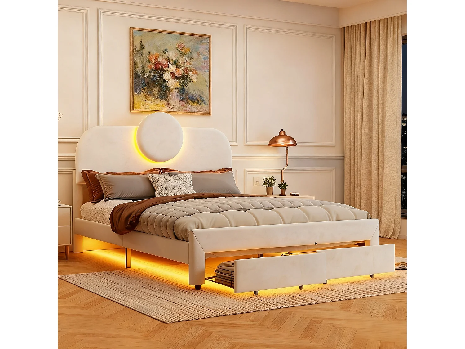 Lit 140x200 cm avec sommier à lattes - lit adulte 140x200 cm avec 2 tiroir - cadre de lit double 140x200 cm - capitonné en tissu velours - beige