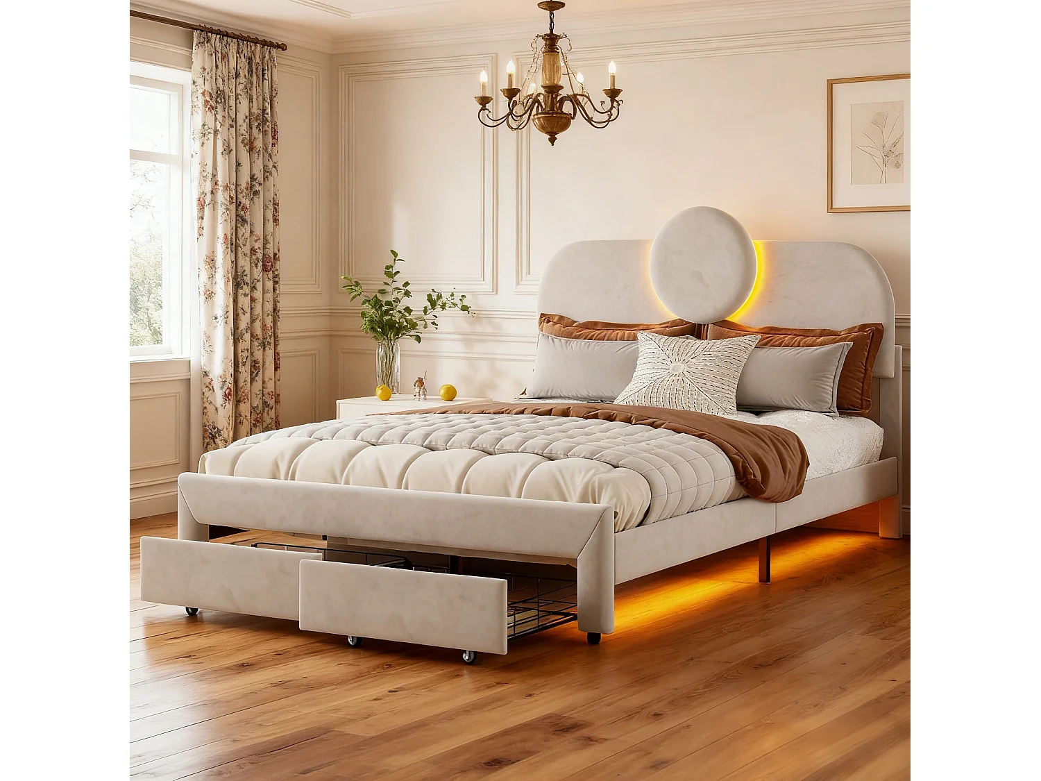 Lit 140x200 cm avec sommier à lattes - lit adulte 140x200 cm avec 2 tiroir - cadre de lit double 140x200 cm - capitonné en tissu velours - beige