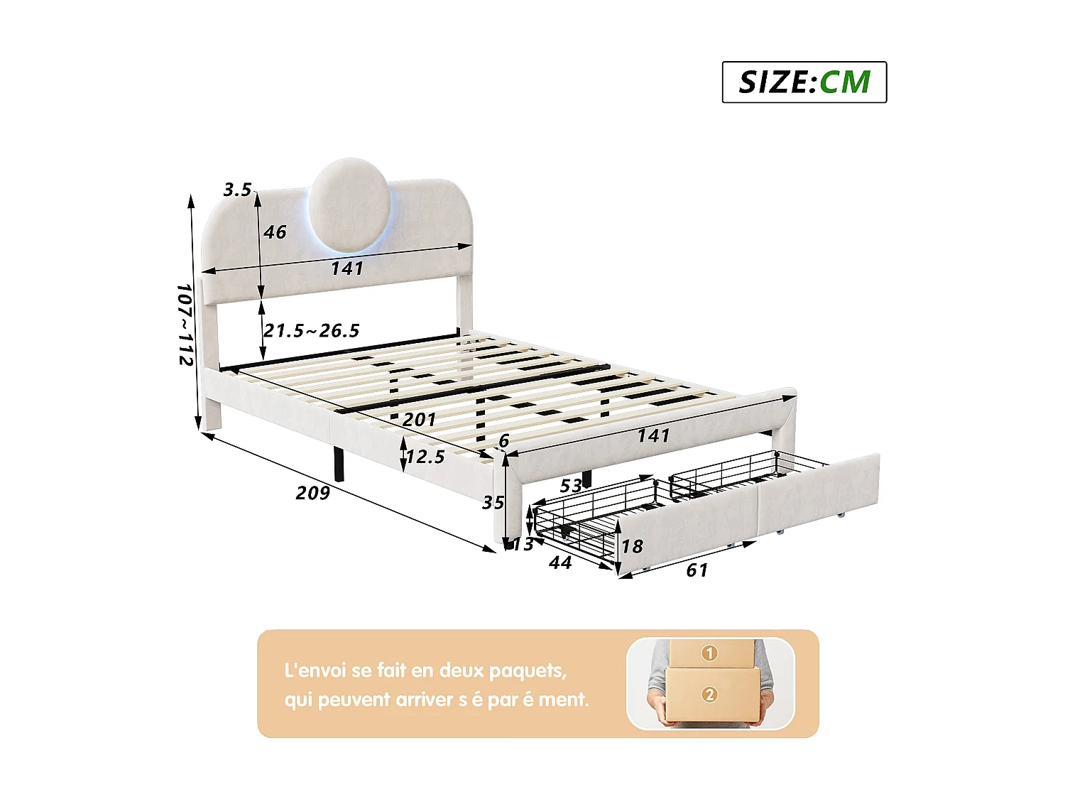 Lit 140x200 cm avec sommier à lattes - lit adulte 140x200 cm avec 2 tiroir - cadre de lit double 140x200 cm - capitonné en tissu velours - beige
