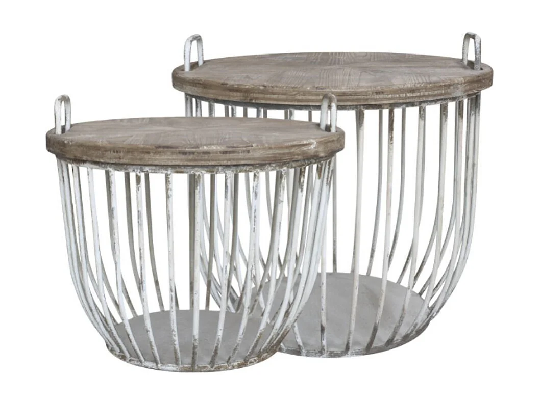 Set de 2 tables basse en bois de cyprès marron et blanc Ø.57 x Ht.48cm